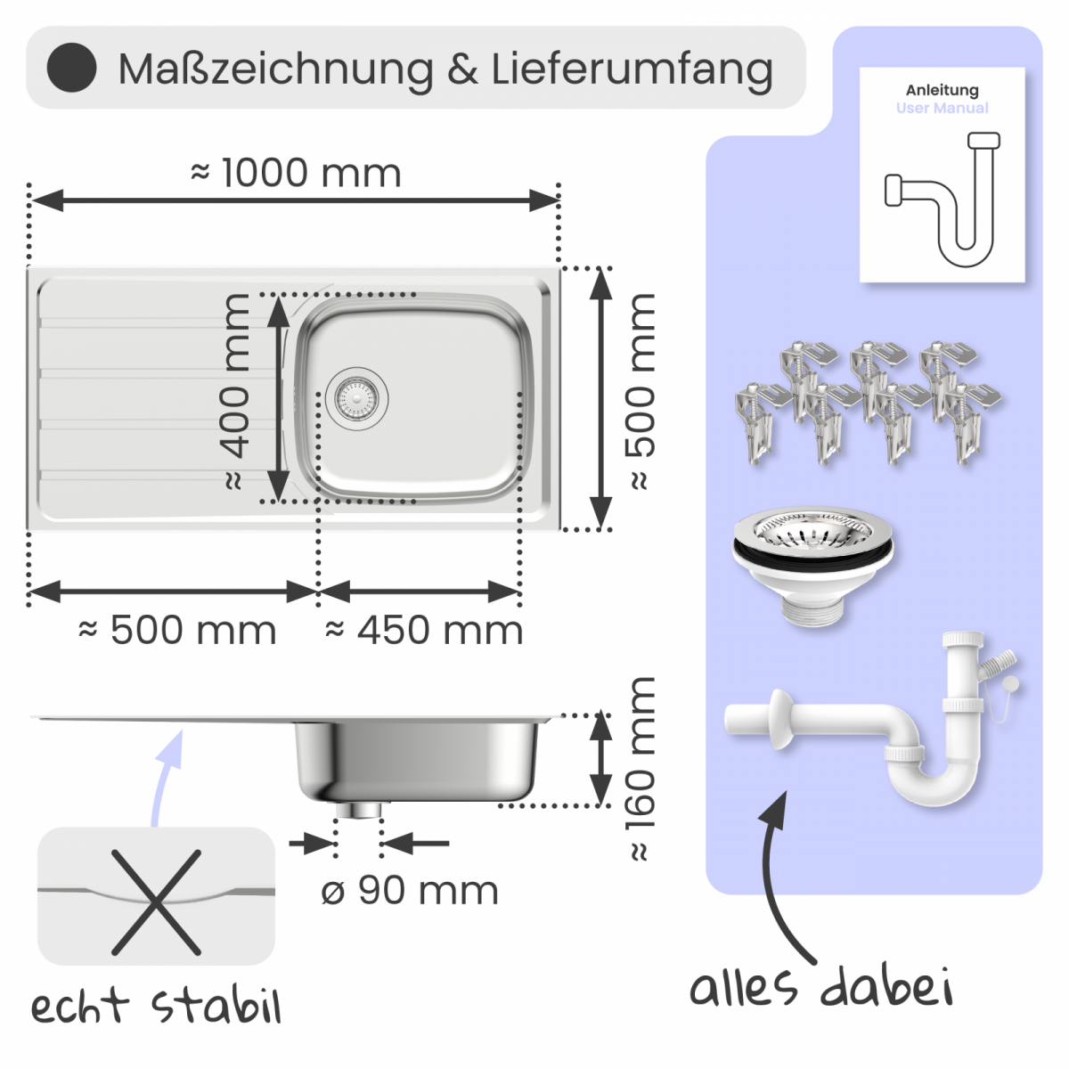 Edelstahlspüle Katharina mit Abtropffläche | instmaier
