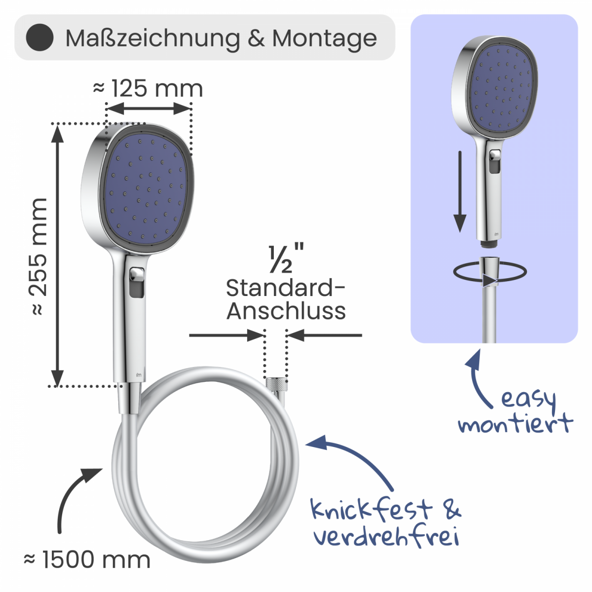 Duschbrause Set Cleo (Chrom, Indigo) | 2 Strahlarten | instmaier