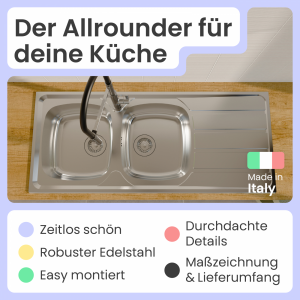 Edelstahlspüle Katharina mit Abtropffläche | instmaier