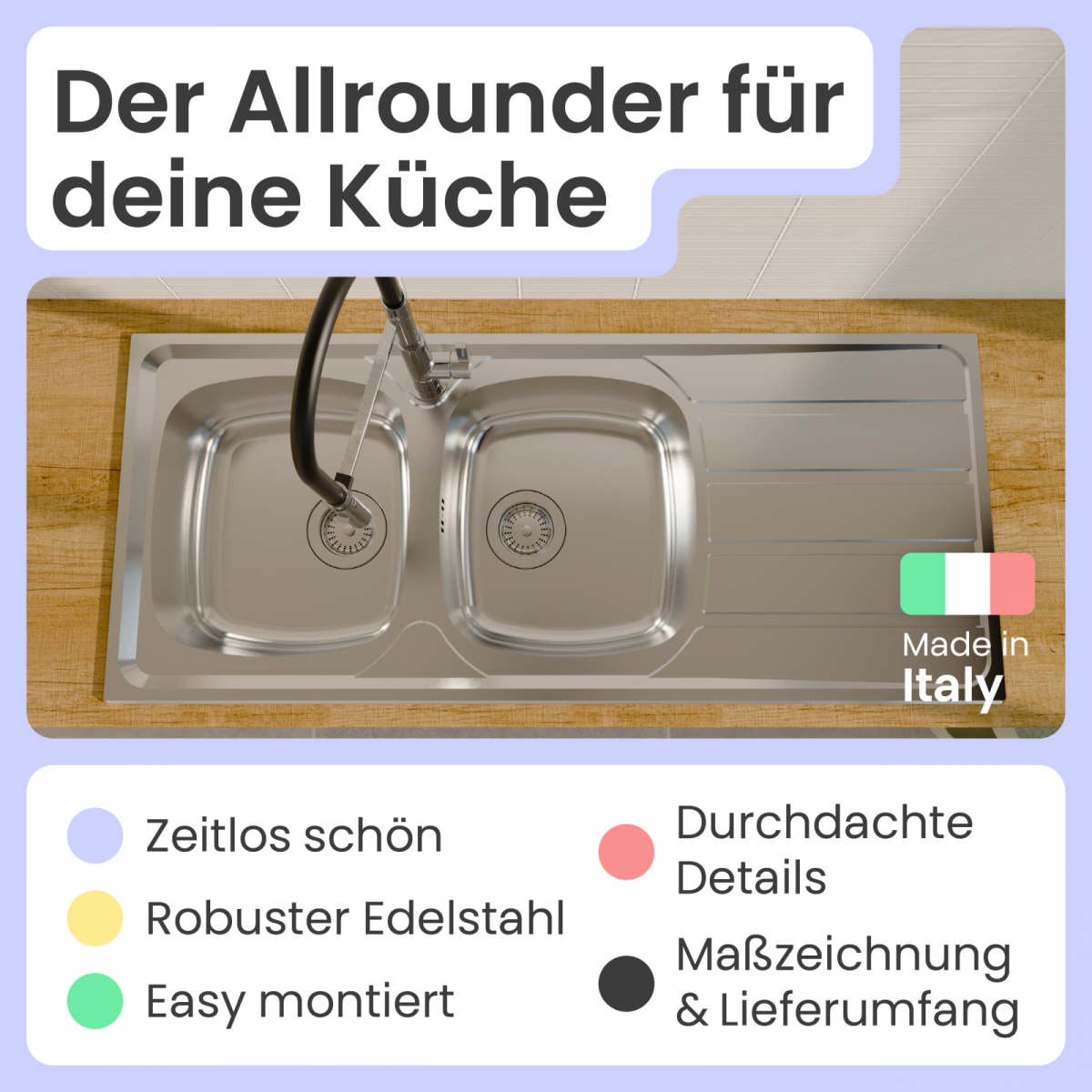 Edelstahlspüle Katharina mit Abtropffläche | instmaier