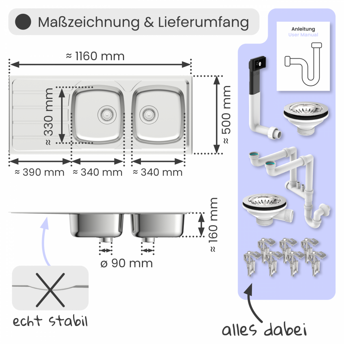 Edelstahlspüle Katharina mit Abtropffläche | instmaier