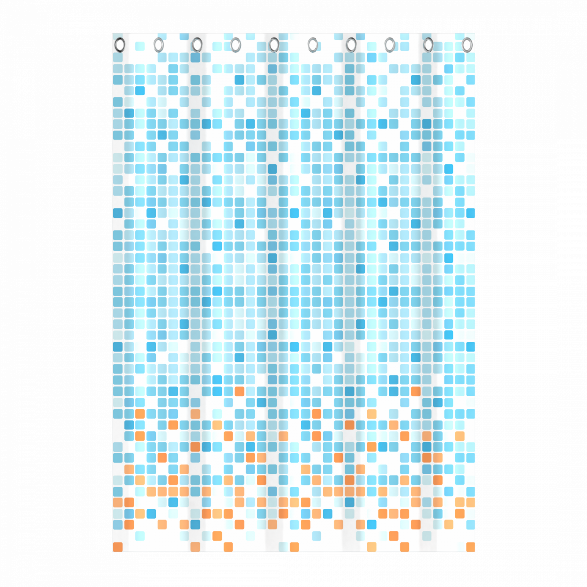 Duschvorhang mit quadratischem Muster in Blau- und Orangetönen auf weißem Hintergrund.