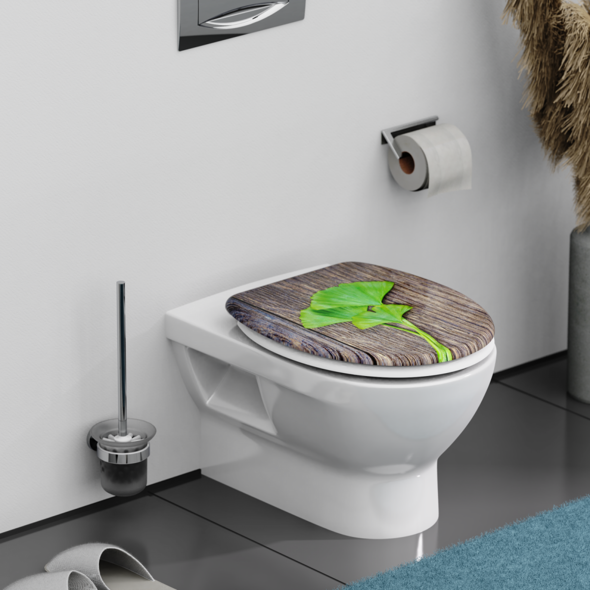 Wandhängende weiße Toilette mit Toilettensitz in Holzoptik und grünem Blattmotiv.