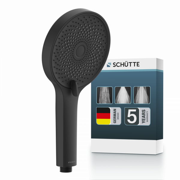 Schwarze Handbrause mit feinen Düsen, stehend vor passender Produktverpackung - Samoa Rain.