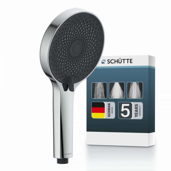 Runde Handbrause mit grauer Strahlscheibe und silbernem Griff vor passender Verpackung - Samoa Rain.