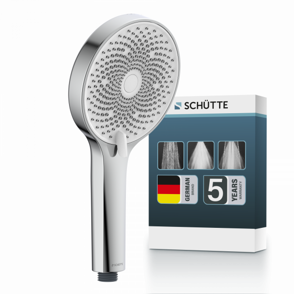Runde Handbrause mit vielen Düsen aus Chrom vor passender Produktverpackung - Samoa Rain.