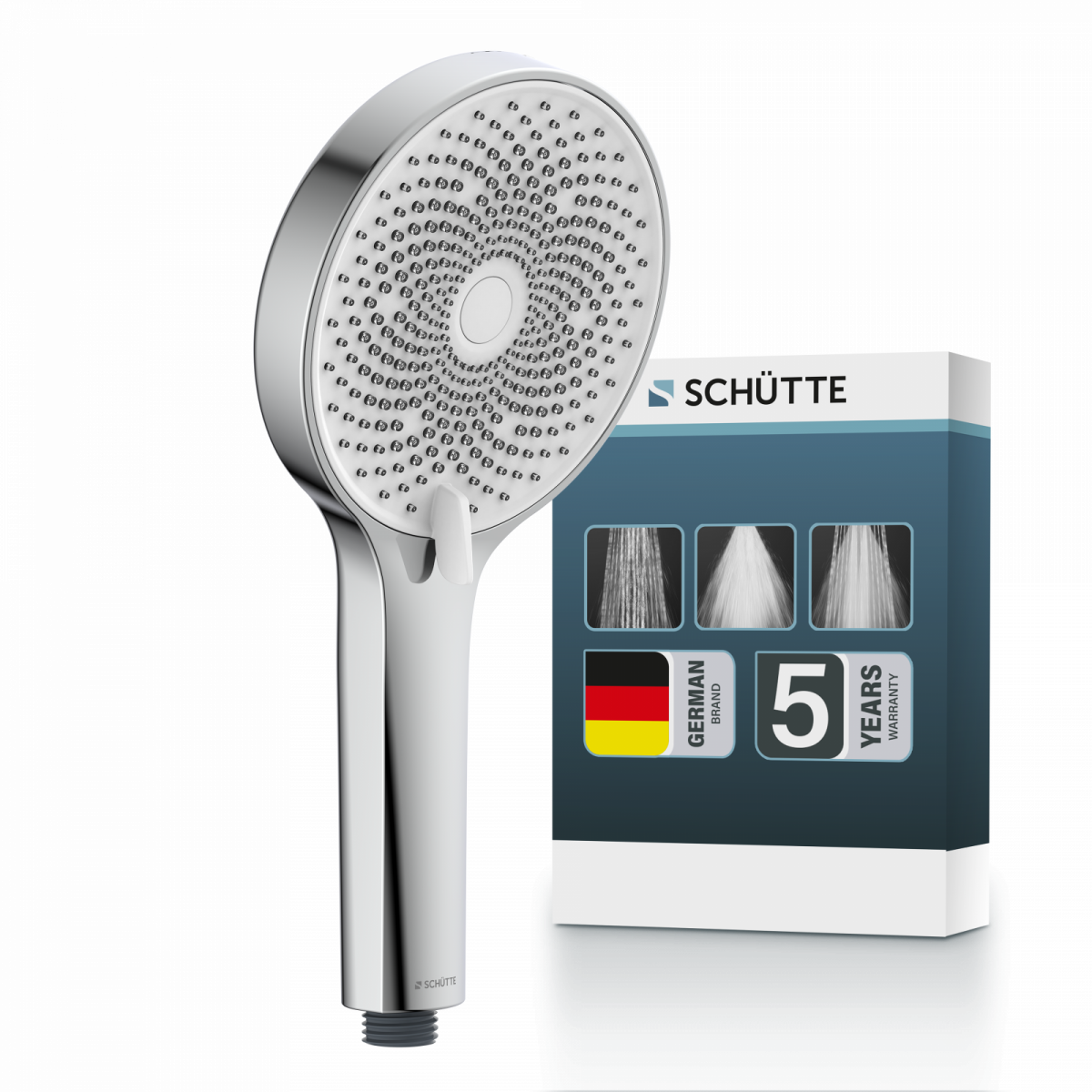 Runde Handbrause mit vielen Düsen aus Chrom vor passender Produktverpackung - Samoa Rain.