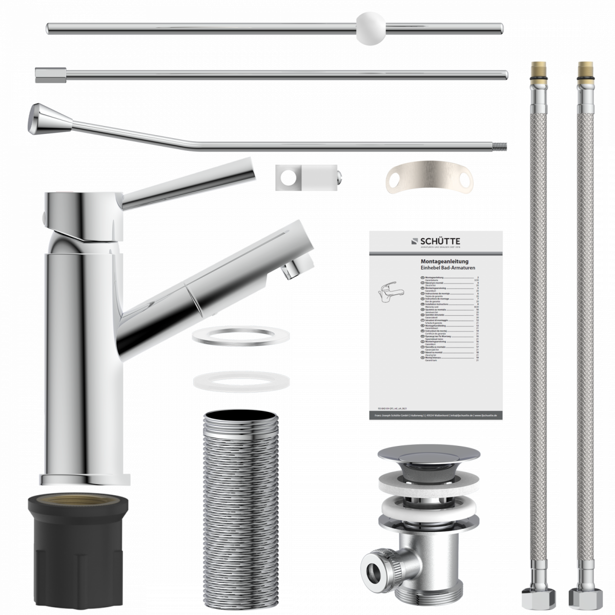 Einhebel-Waschtischarmatur aus Chrom mit Anschlussschläuchen und Montagematerial.