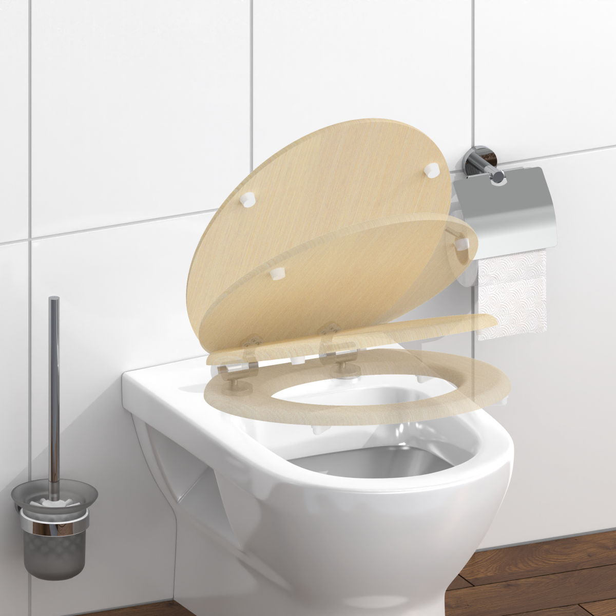 Beigefarbener WC-Sitz aus Holz über weißer Toilette mit Toilettenbürste und Papierhalter.
