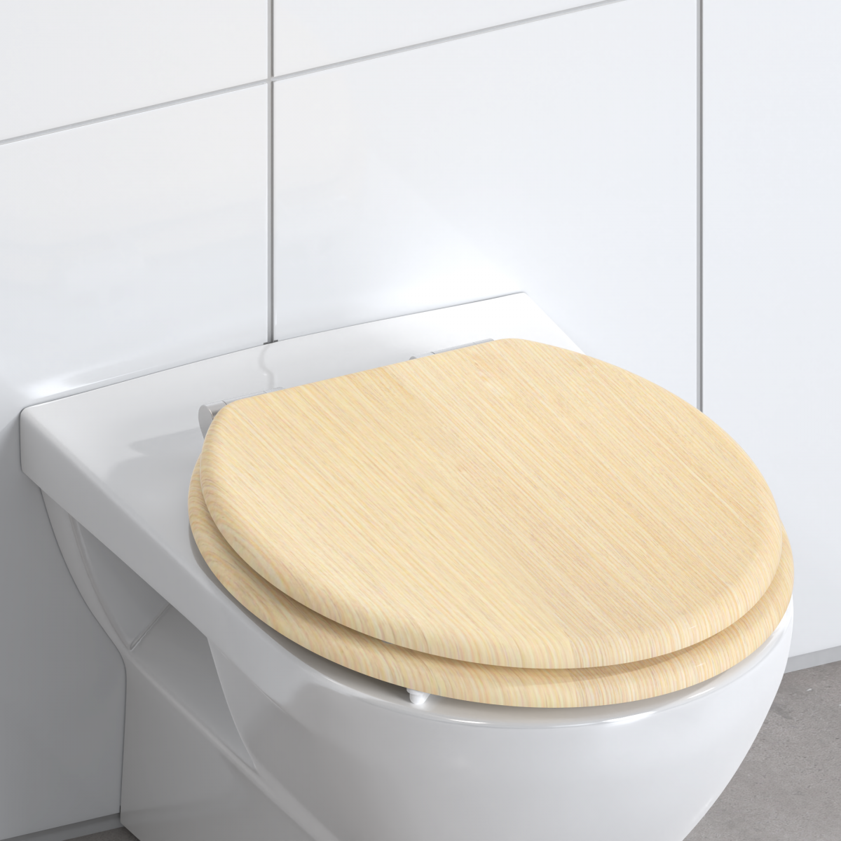 Geschlossene weiße Toilette mit hellholzhfarbenem WC-Sitz aus Holz in Badezimmerumgebung.