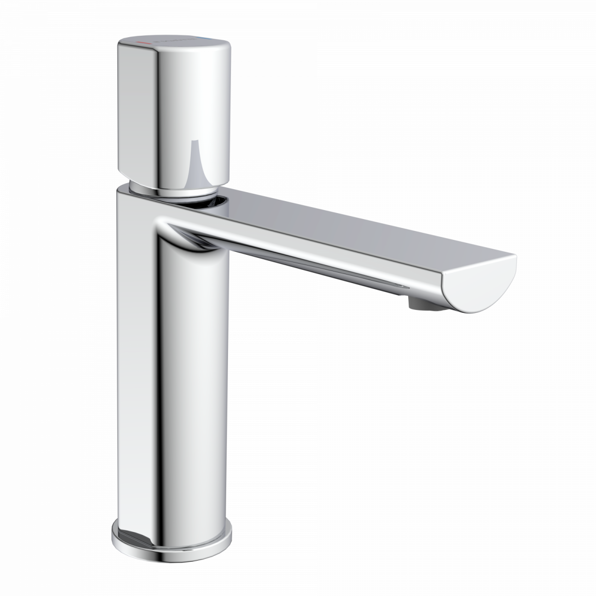 Verchromter Wasserhahn mit zylindrischem Körper und flachem, geradem Auslauf.