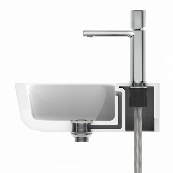 Schnittmodell eines Wasserhahns mit Waschbecken und sichtbaren Anschlussschläuchen.