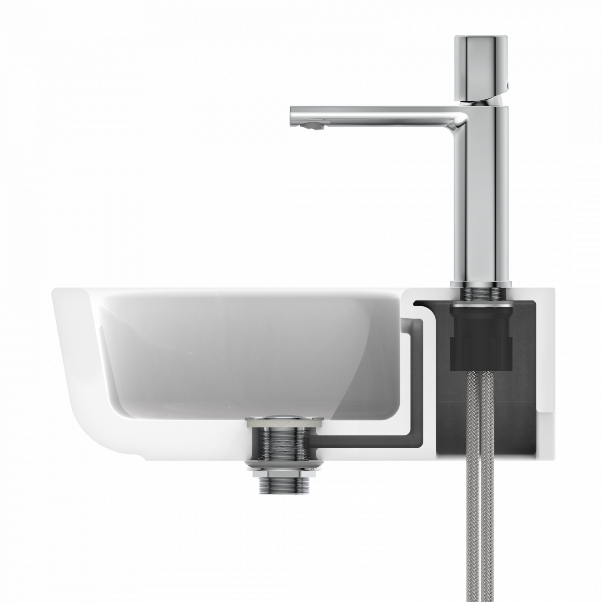 Schnittmodell eines Wasserhahns mit Waschbecken und sichtbaren Anschlussschläuchen.