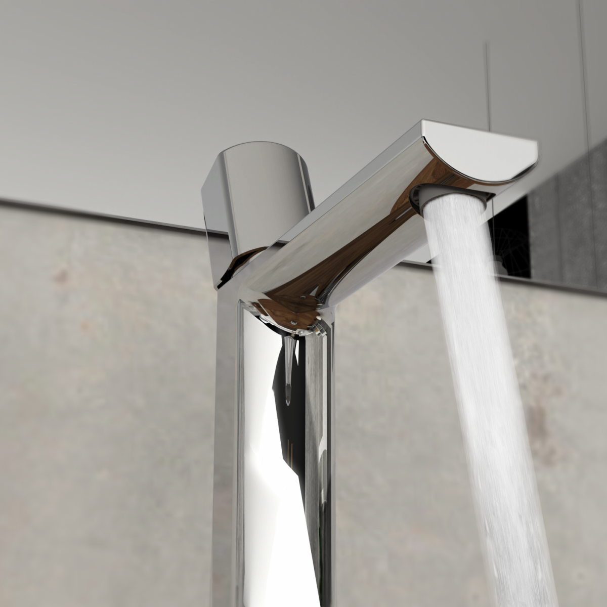Verchromte Wascharmatur mit flachem Auslauf, aus der ein gleichmäßiger Wasserstrahl fließt.