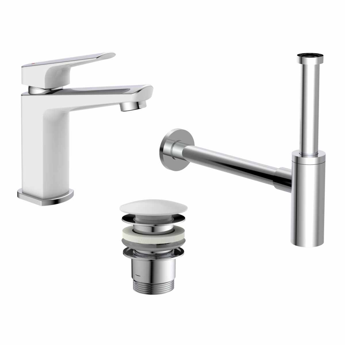 Bundle mit Badarmatur B2, Chrom/ Weiß, Ablaufgarnitur in Weiß und Flaschensiphon in Chrom