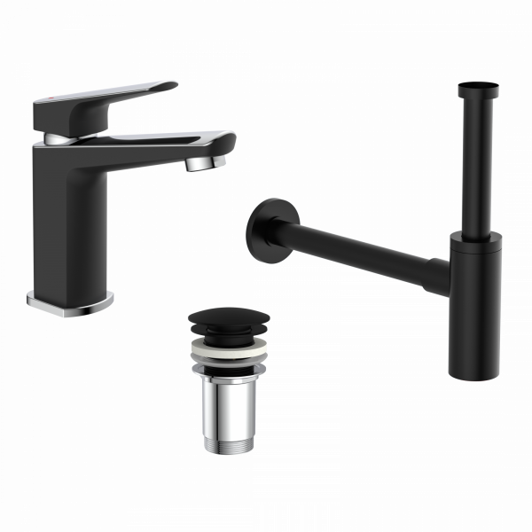 Bundle mit Badarmatur B2, Chrom/Schwarz, Ablaufgarnitur E2 in Schwarz und Flaschensiphon in Schwarz