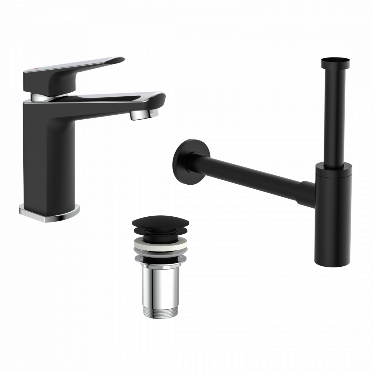 Bundle mit Badarmatur B2, Chrom/Schwarz, Ablaufgarnitur E2 in Schwarz und Flaschensiphon in Schwarz