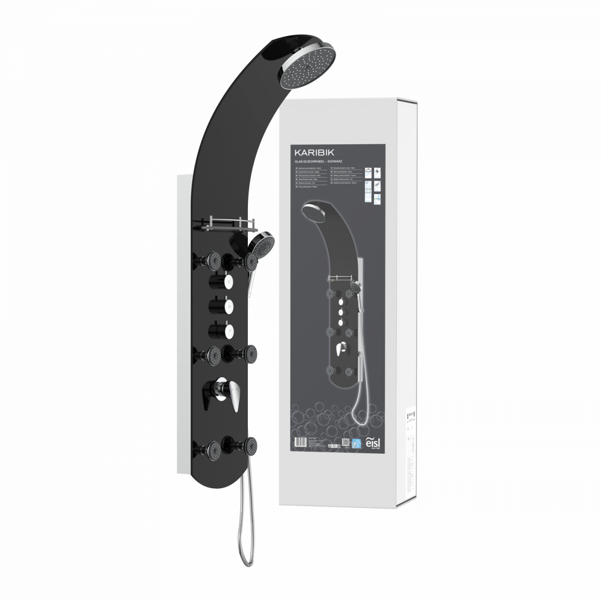 Duschpaneel KARIBIK, Wellnessdusche inkl. 6 Massagedüsen, Duscharmatur, Sicherheitsglas, Schwarz