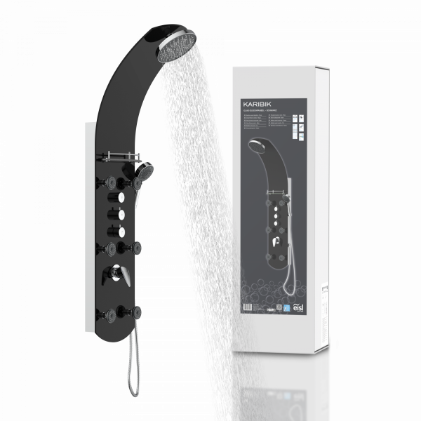 Duschpaneel KARIBIK, Wellnessdusche inkl. 6 Massagedüsen, Duscharmatur, Sicherheitsglas, Schwarz