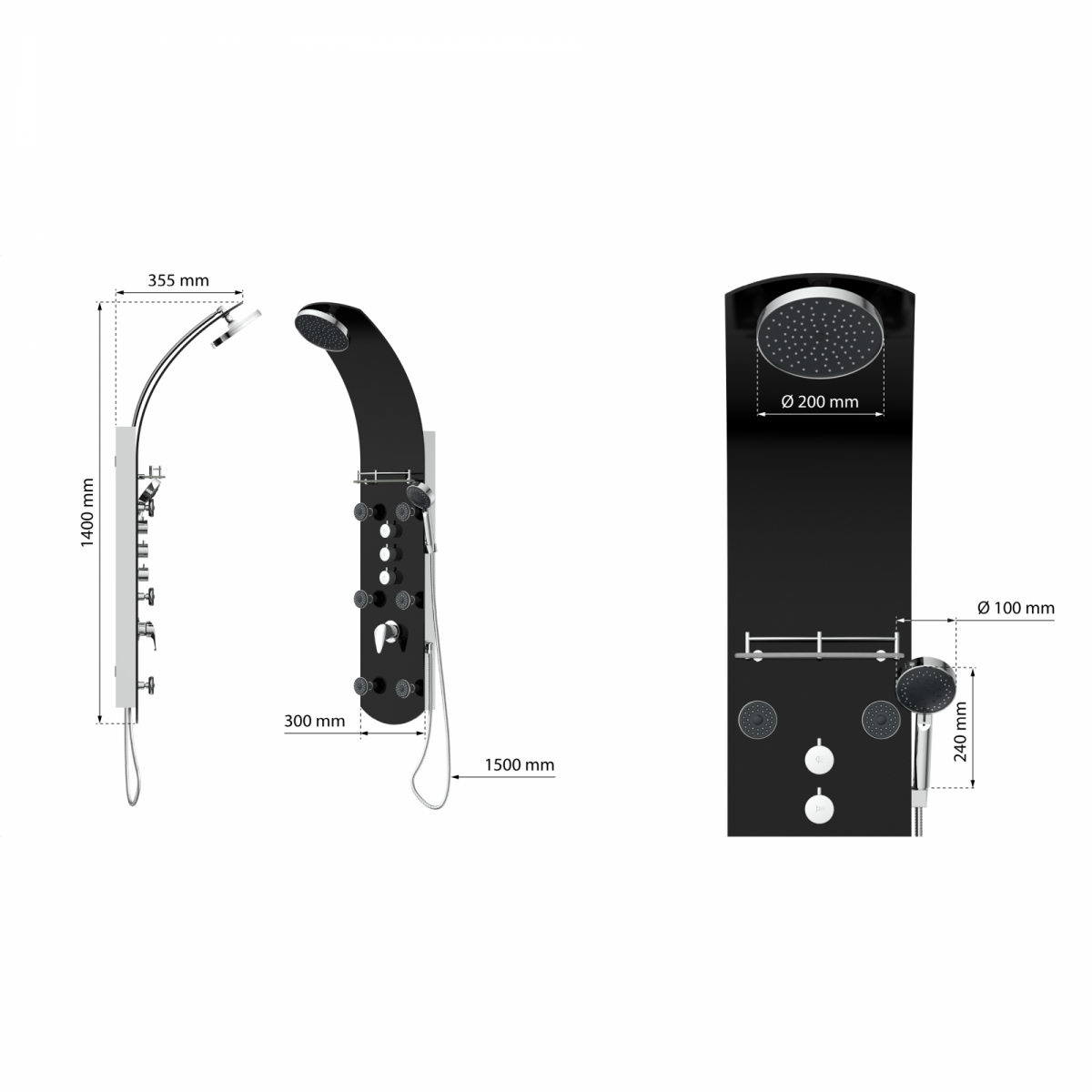 Duschpaneel KARIBIK, Wellnessdusche inkl. 6 Massagedüsen, Duscharmatur, Sicherheitsglas, Schwarz