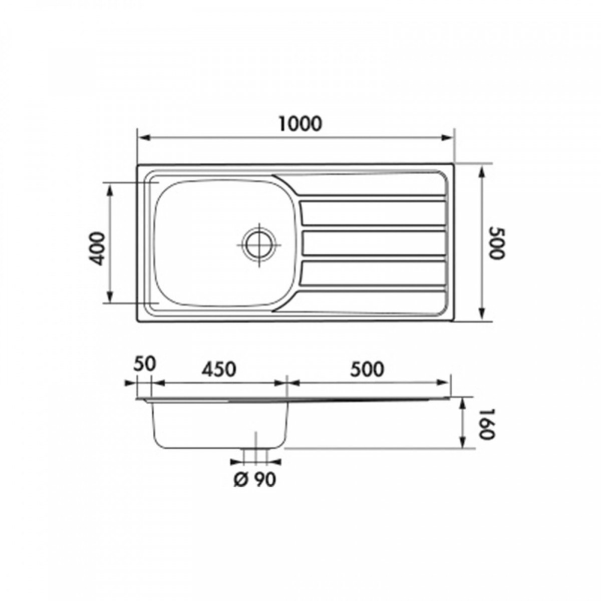 Edelstahlspüle Katharina, mit Abtropffläche und 1 Becken, 100 x 50 cm