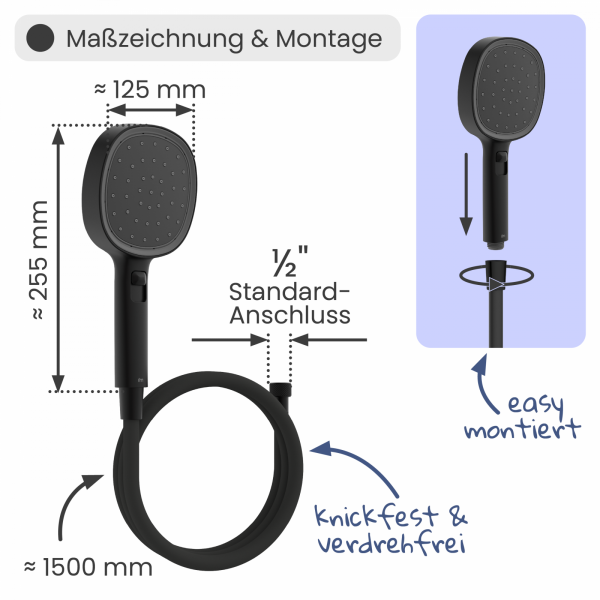 Duschbrause Set Cleo, in Schwarz matt mit Schlauch und 3 Strahlarten