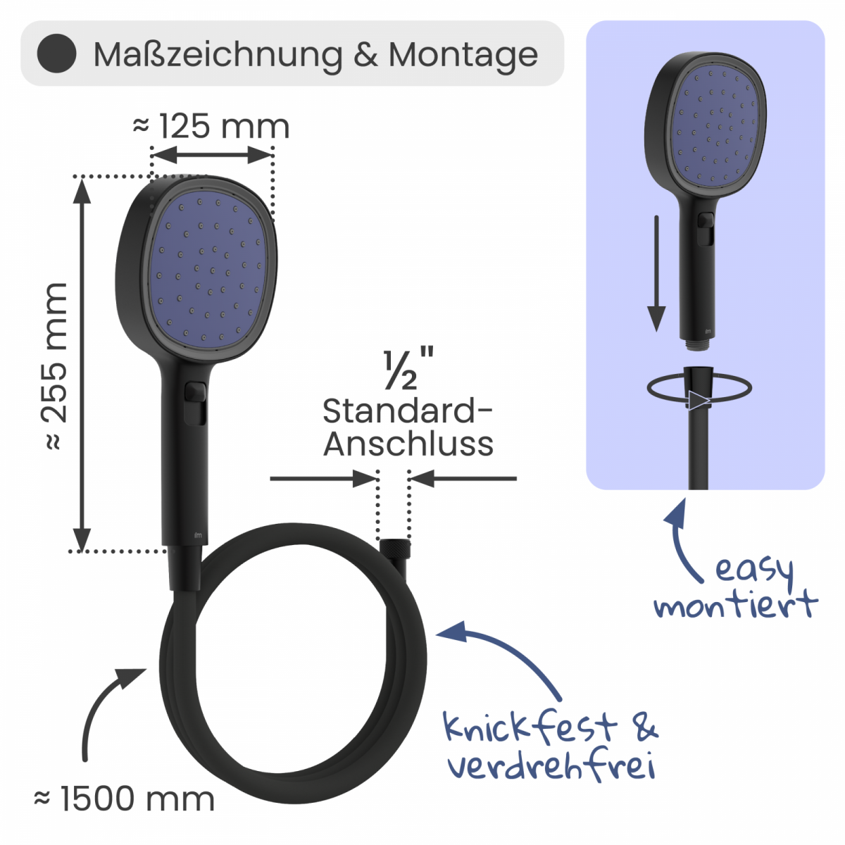 Duschbrause Set Cleo, in Schwarz matt/Indigo mit Schlauch und 3 Strahlarten