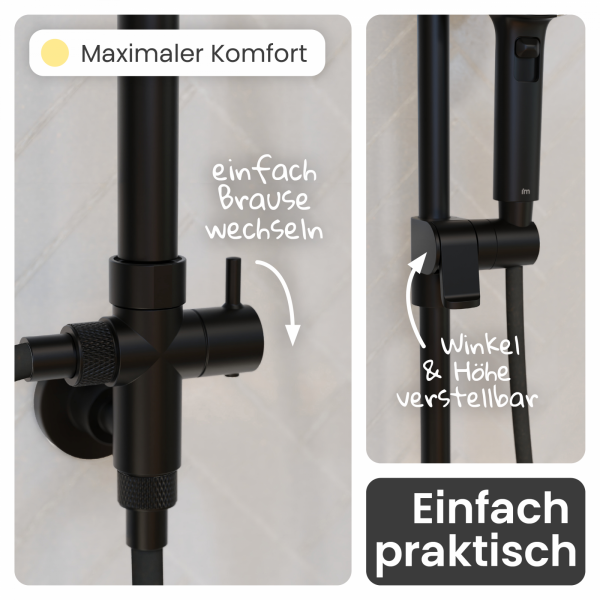 Regendusche Cleo, in Schwarz matt mit Drehumsteller