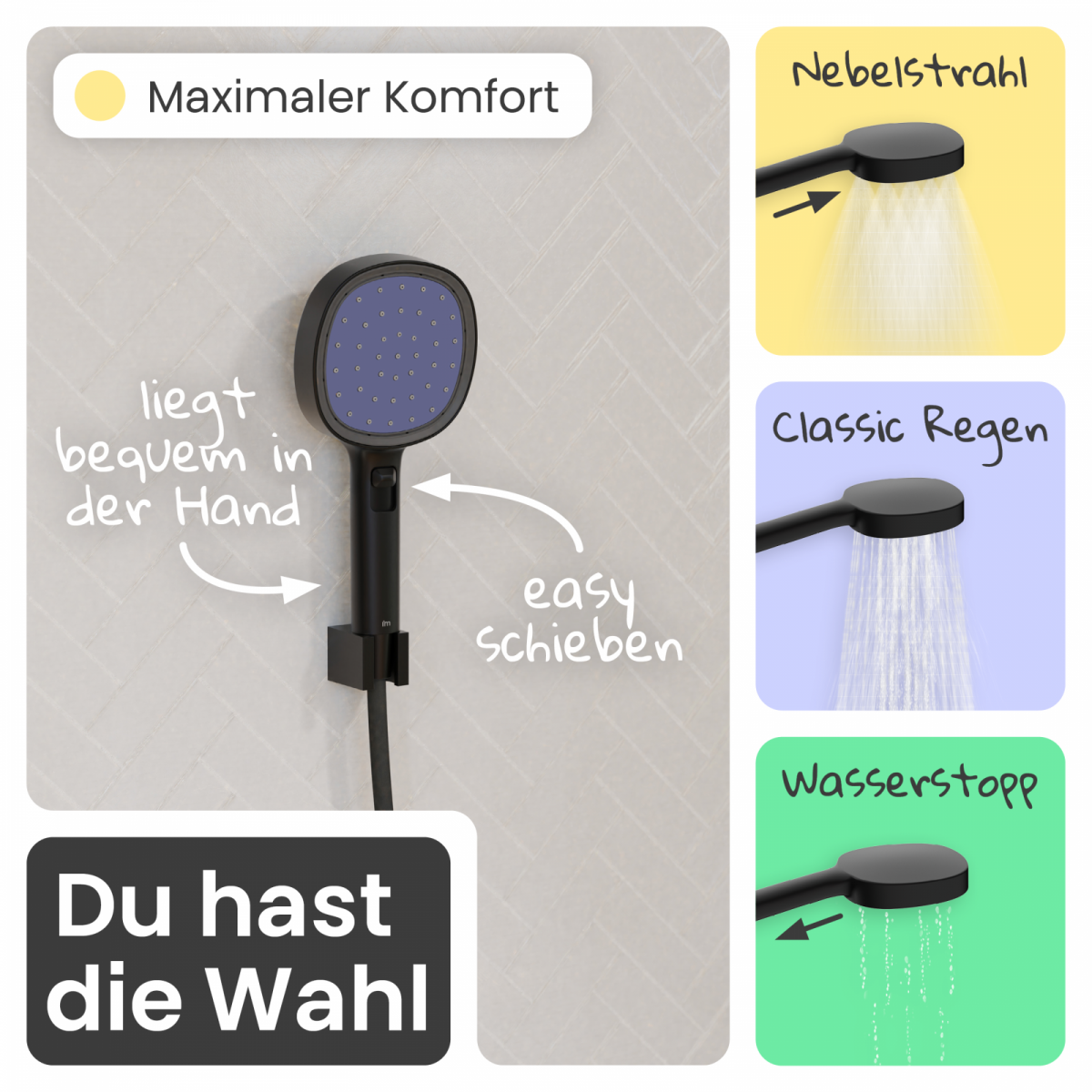 Duschbrause Set Cleo, in Schwarz matt/Indigo mit Schlauch und 3 Strahlarten
