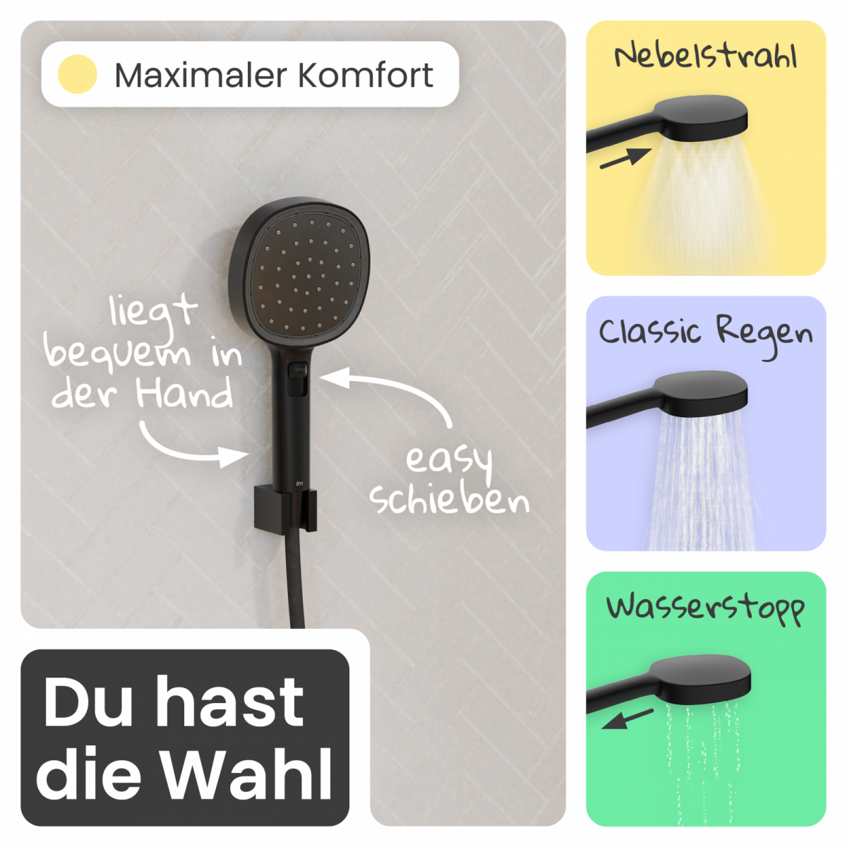 Duschbrause Set Cleo, in Schwarz matt mit Schlauch und 3 Strahlarten