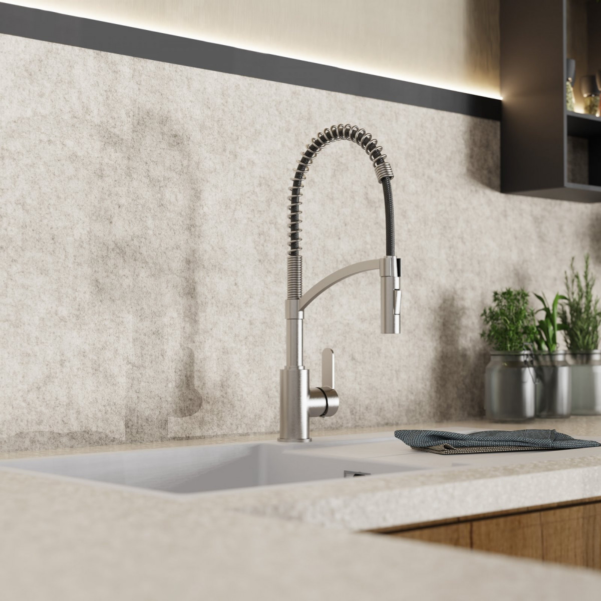 WK 3 in Edelstahloptik, Küchenarmatur mit innovativem Spiralfeder-Design