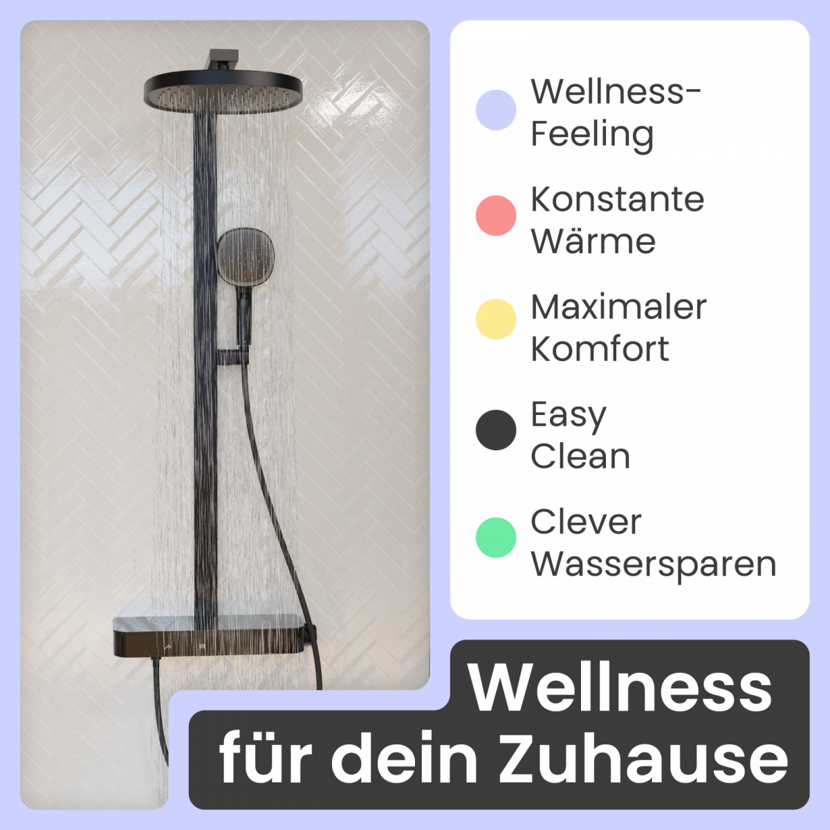 Regendusche Cleo, in Schwarz matt mit Thermostat und Ablage