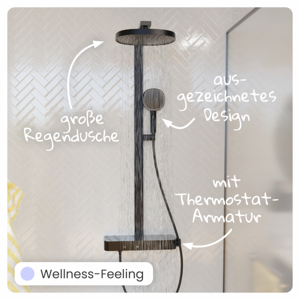 Regendusche Cleo, in Schwarz matt mit Thermostat und Ablage