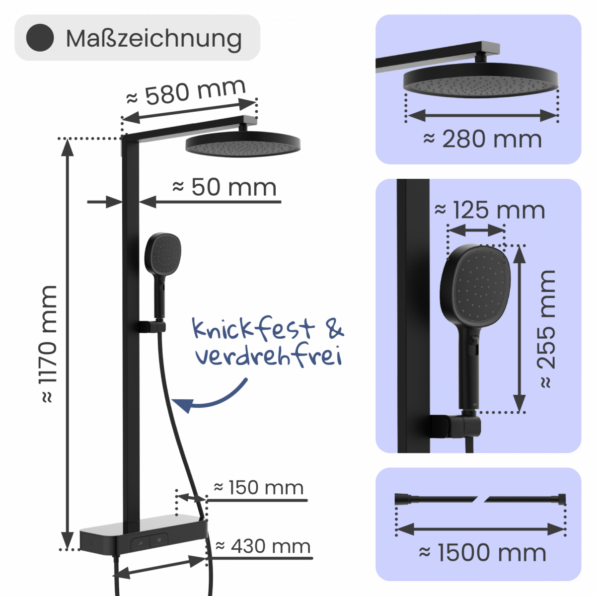 Regendusche Cleo, in Schwarz matt mit Thermostat und Ablage