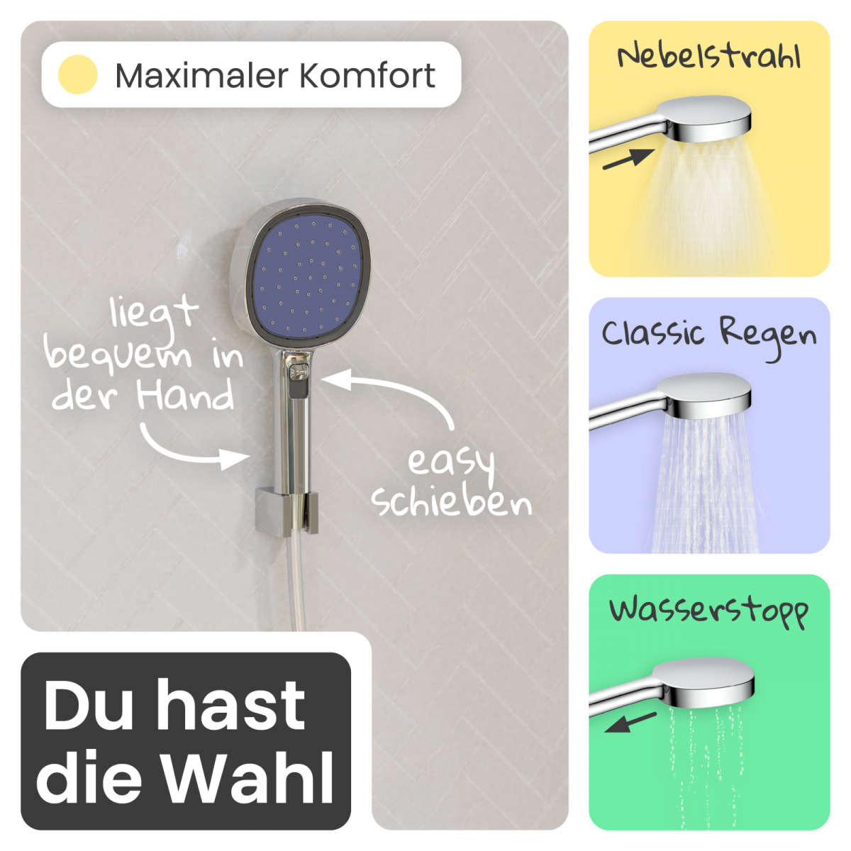 Duschbrause Set Cleo, in Chrom/Indigo mit Schlauch und 3 Strahlarten