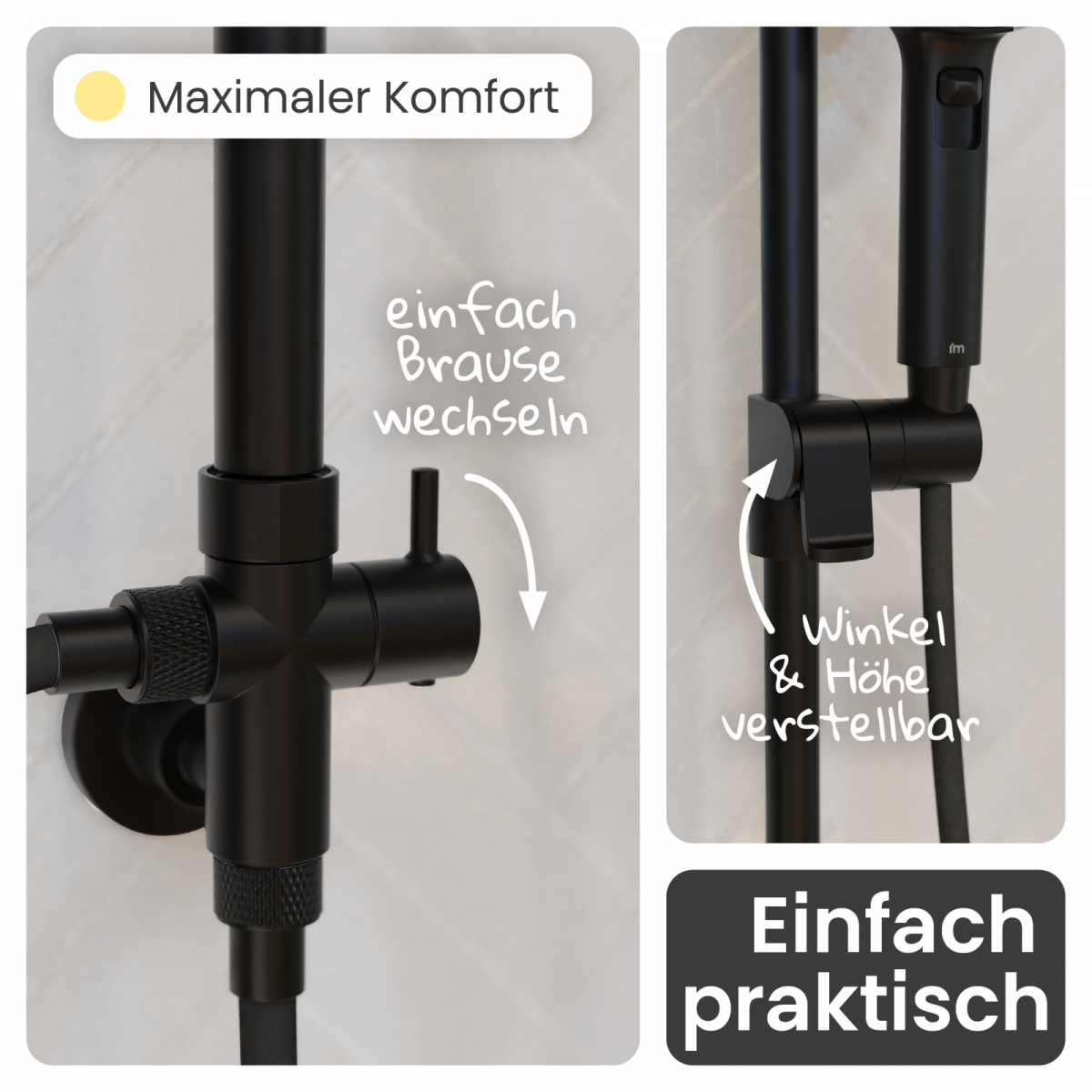 Regendusche Cleo, in Schwarz matt mit Drehumsteller