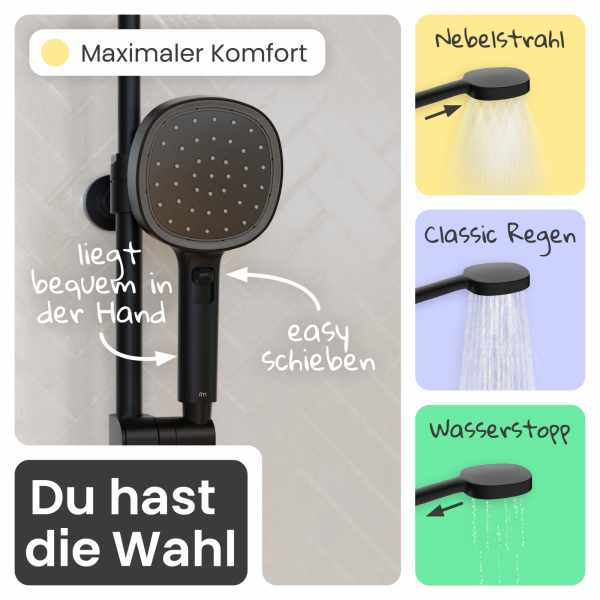 Regendusche Cleo, in Schwarz matt mit Drehumsteller