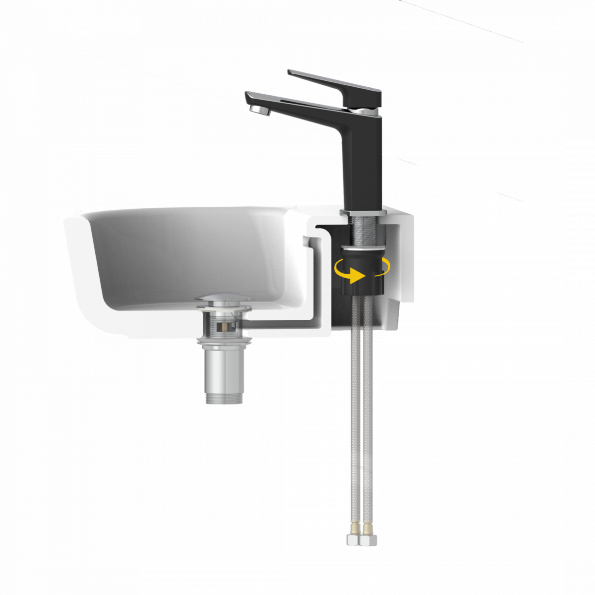 Bundle mit Badarmatur B2, Chrom/Schwarz, Ablaufgarnitur E2 in Schwarz und Flaschensiphon in Schwarz