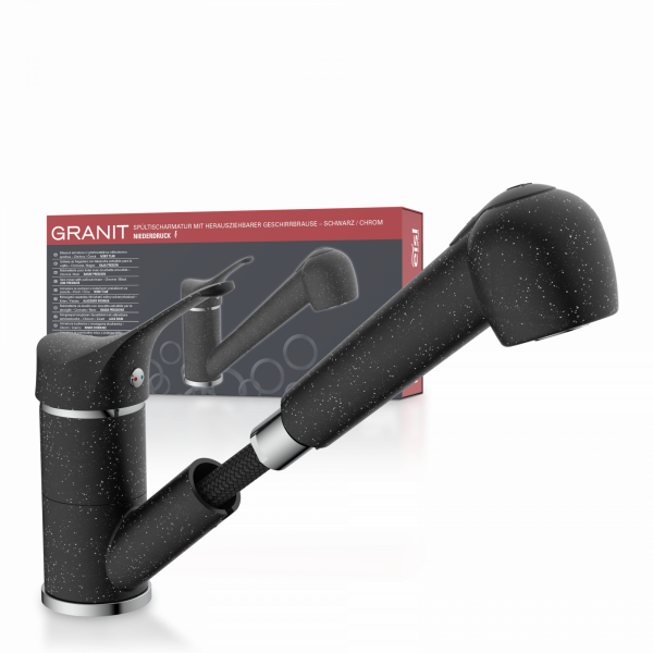 Spültischarmatur GRANIT, herausziehbarer Geschirrbrause, schwenkbar, Granit/Schwarz, Niederdruck