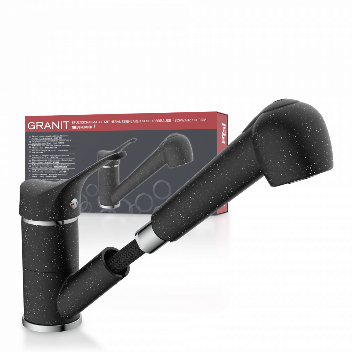 Spültischarmatur GRANIT, herausziehbarer Geschirrbrause, schwenkbar, Granit/Schwarz, Niederdruck