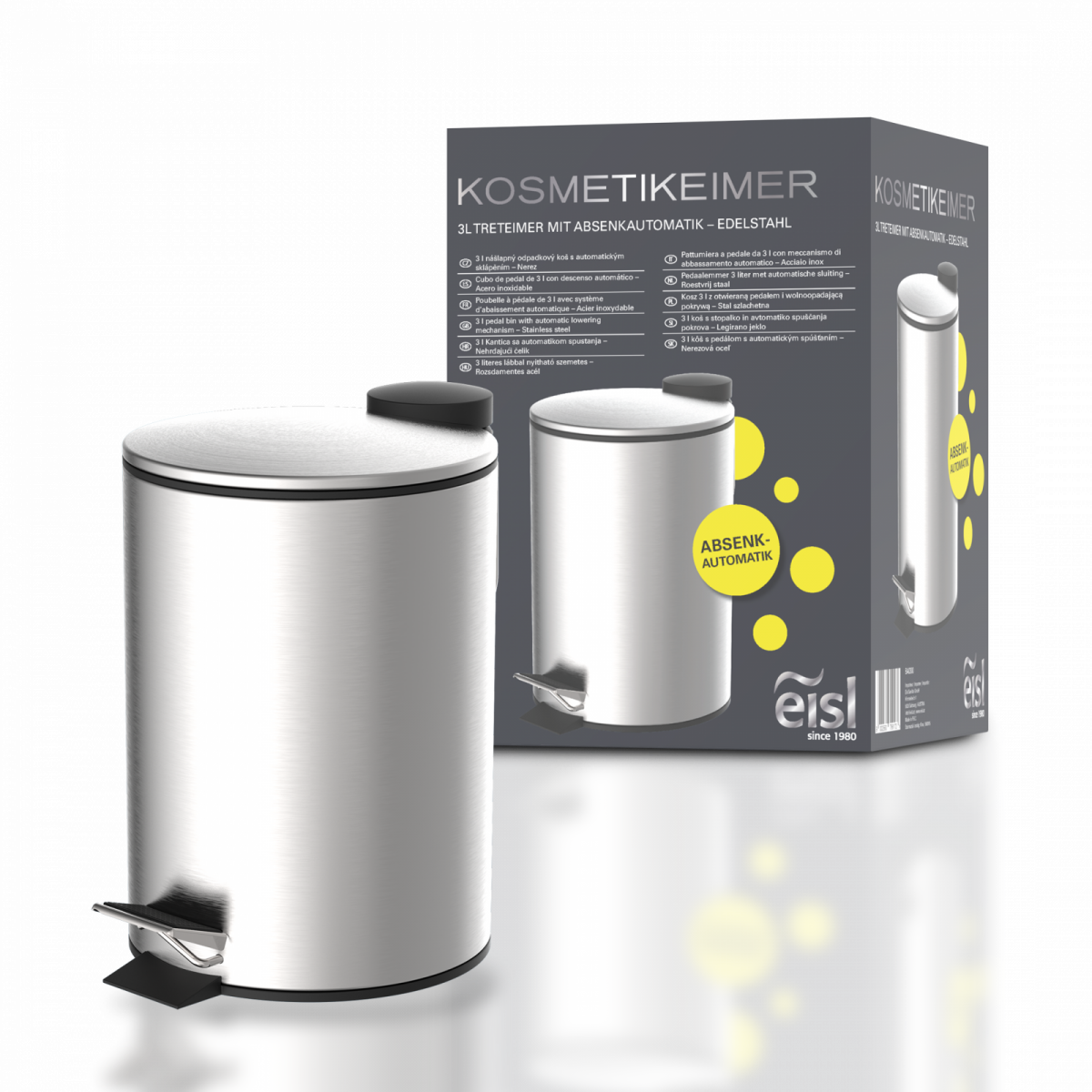 Kosmetik-Treteimer, Mülleimer 3 l, Edelstahl mit Absenkautomatik