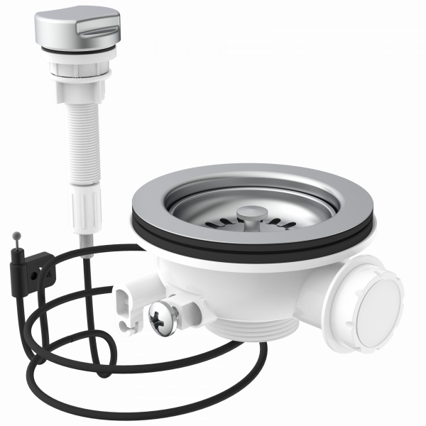 KS Korbventil mit Bowdenzug,1 1/2" AG, Edelstahl Ventilkelch und Sieb Ø114 mm, mit Überlaufanschluss"