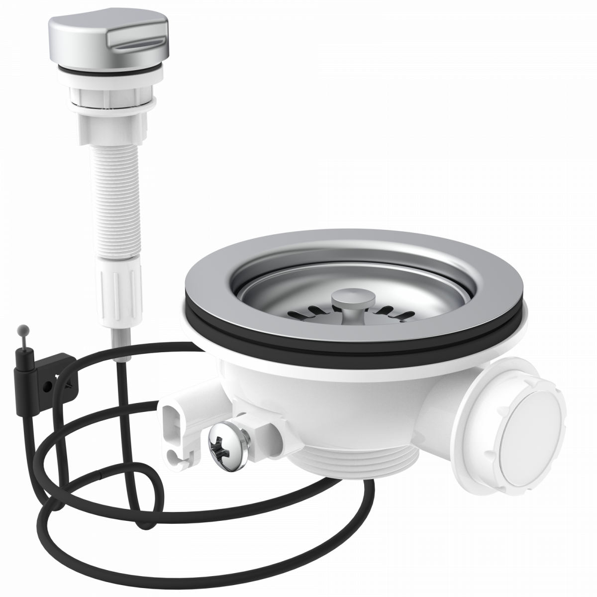 KS Korbventil mit Bowdenzug,1 1/2" AG, Edelstahl Ventilkelch und Sieb Ø114 mm, mit Überlaufanschluss"