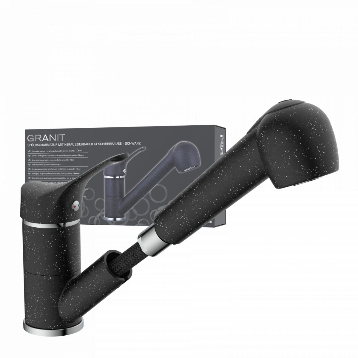 Spültischarmatur GRANIT, herausziehbarer Geschirrbrause, schwenkbar, Granit/Schwarz