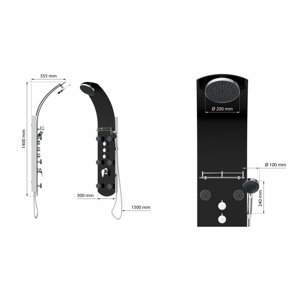 Duschpaneel KARIBIK, Wellnessdusche inkl. 6 Massagedüsen, Duscharmatur, Sicherheitsglas, Schwarz