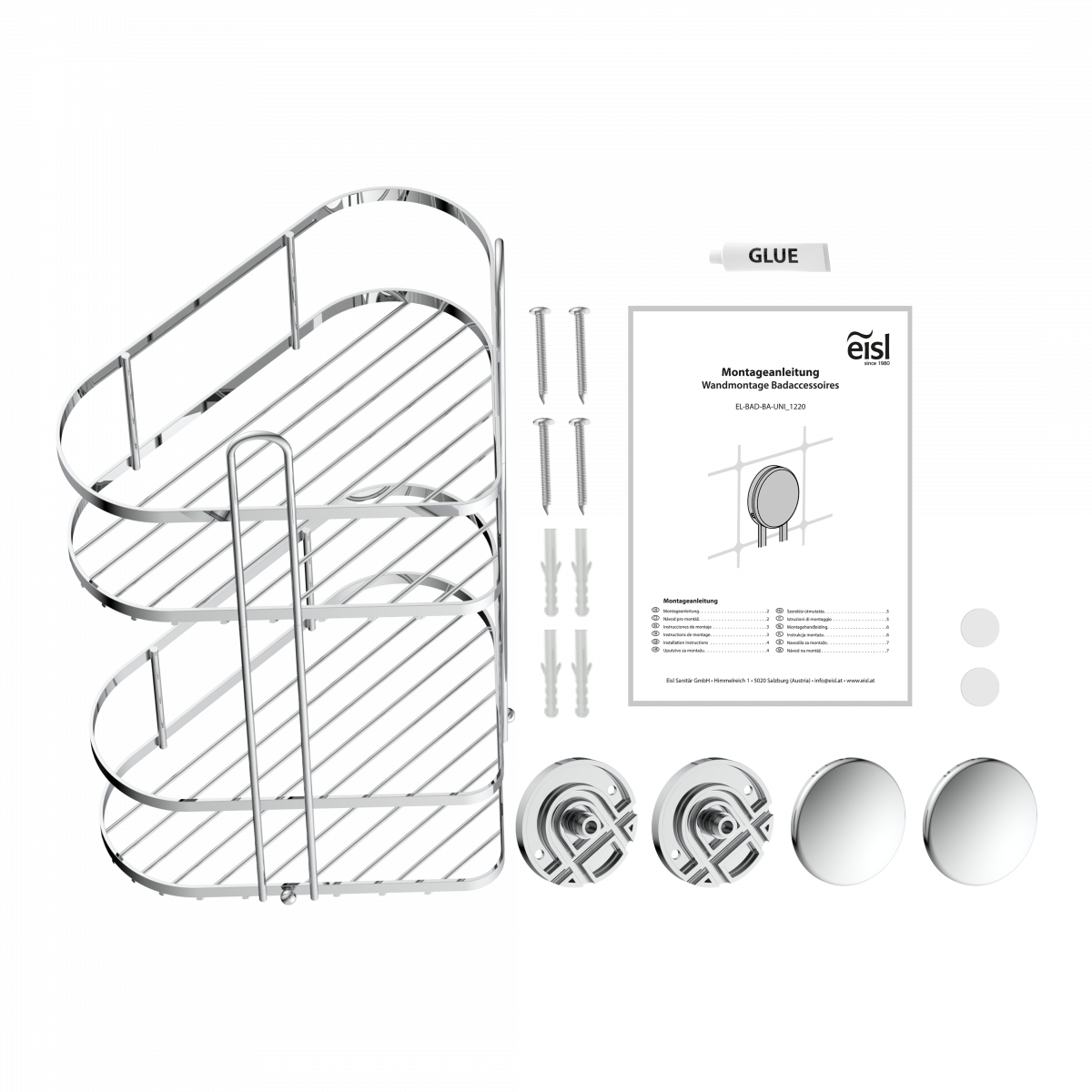 Dusch-Eckablage 2 Etagen, chrom, zum Kleben oder Schrauben