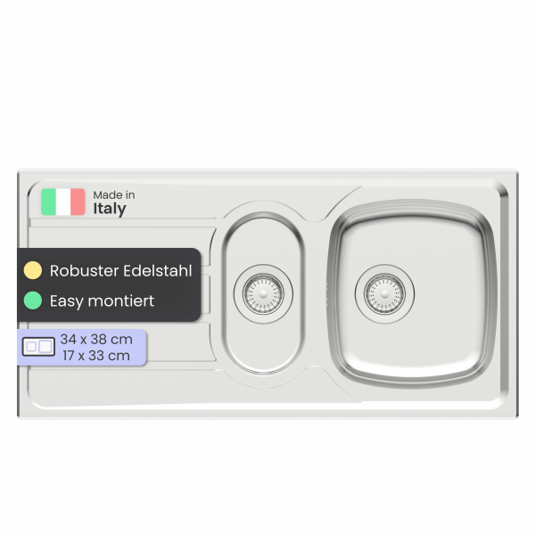 Edelstahlsp&uuml;le Katharina, mit Abtropffl&auml;che und 1,5 Becken, 100 x 50 cm
