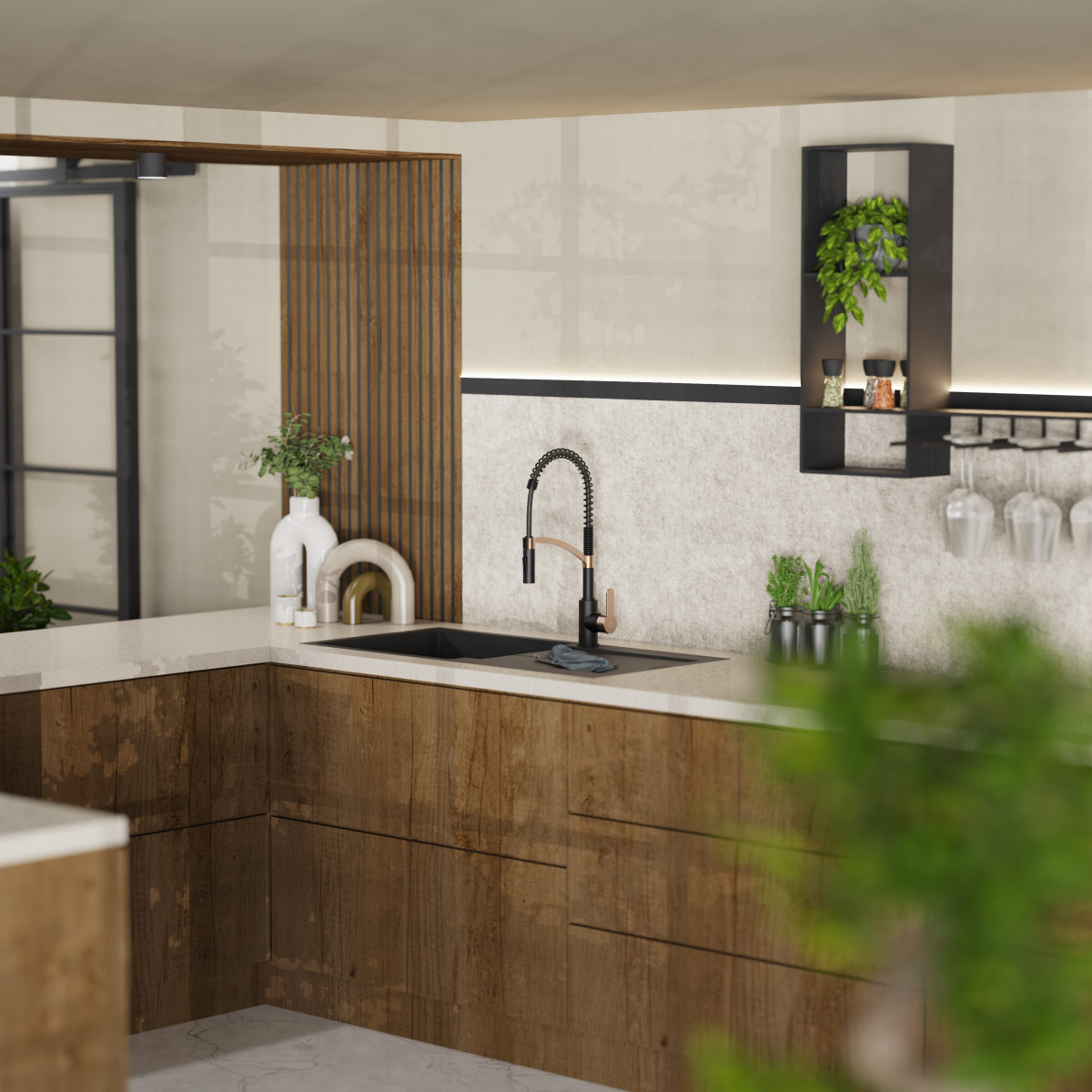 WK 3 in Schwarz/Roségold, Küchenarmatur mit innovativem Spiralfeder-Design