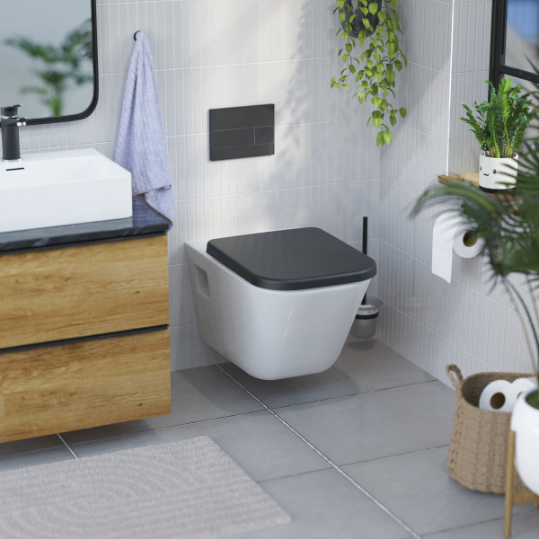 WC-Sitz Helma, in Schwarz mit Absenkautomatik und Schnellverschluss, E-Form