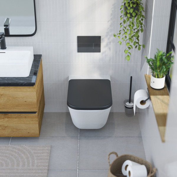 WC-Sitz Helma, in Schwarz mit Absenkautomatik und Schnellverschluss, E-Form